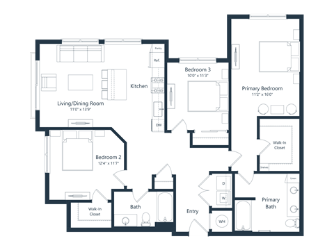 Floor plan for 3 beds, 2 baths, 1327 sqft